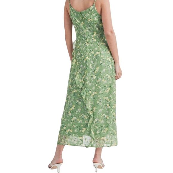 Lush Green & Yellow Ditsy Floral Ruffle Detail Midi Slip Dress Size Small - Picture 11 of 11